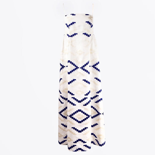 - Aztec Embroidered Strappy Maxi Dress - White/Navy