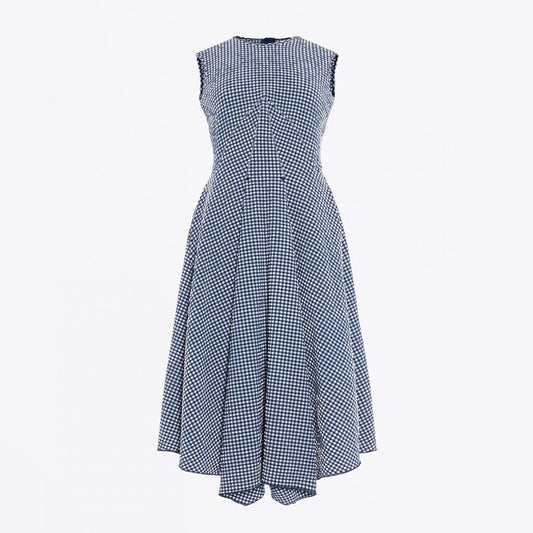 - Verity - Technical Checked Seersucker Dress - Navy