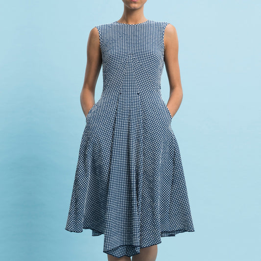 - Verity - Technical Checked Seersucker Dress - Navy