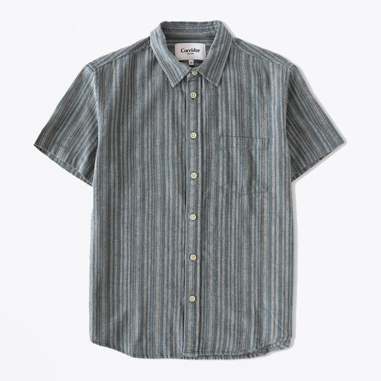 - Rustic Linen Stripe Shirt - Blue