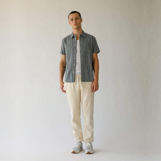 - Rustic Linen Stripe Shirt - Blue