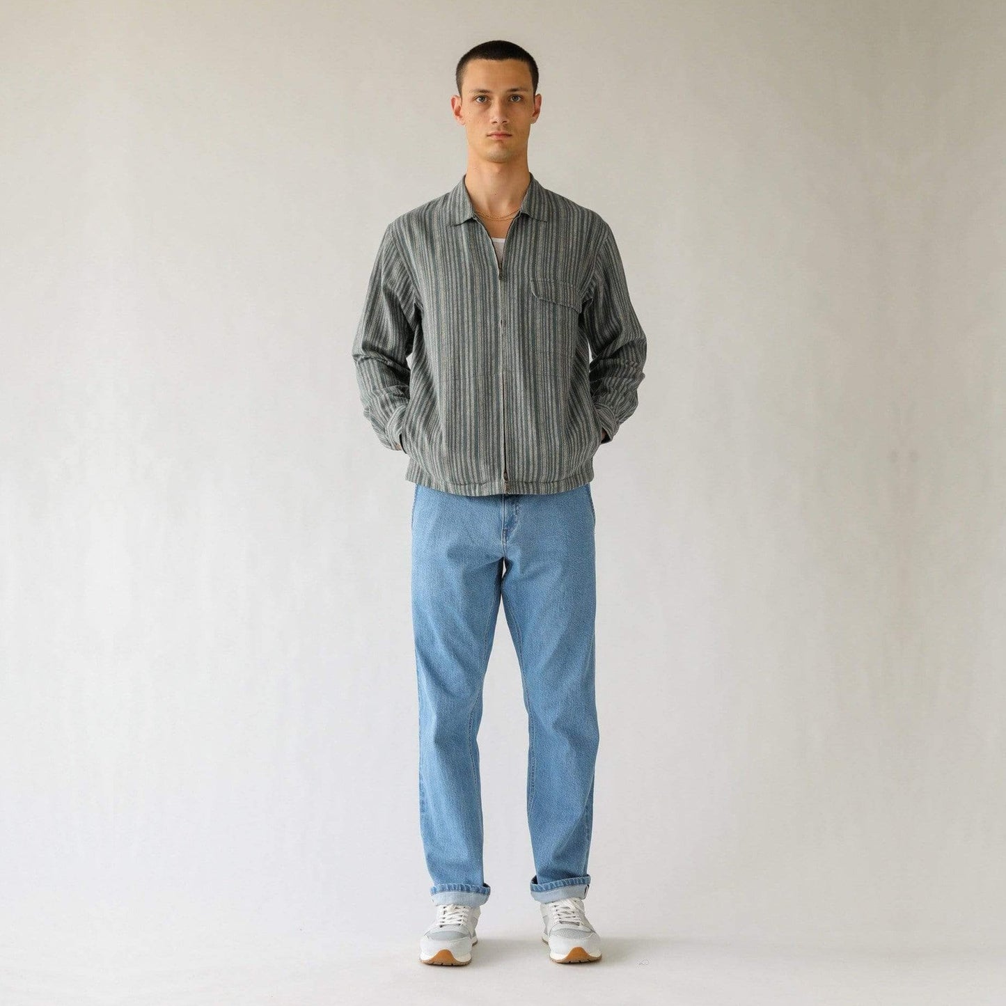 Linen Stripe Zipper Jacket - Blue