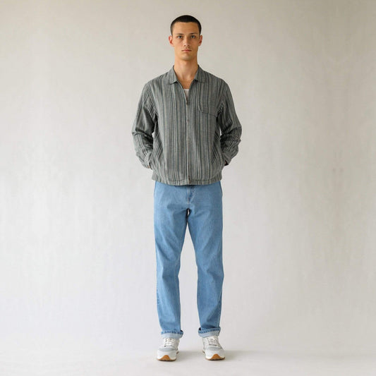 Linen Stripe Zipper Jacket - Blue