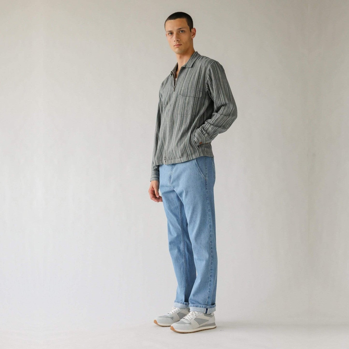 Linen Stripe Zipper Jacket - Blue