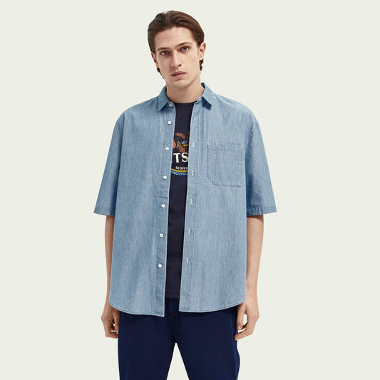 - Convertible Collar Short-Sleeve Shirt - Blue