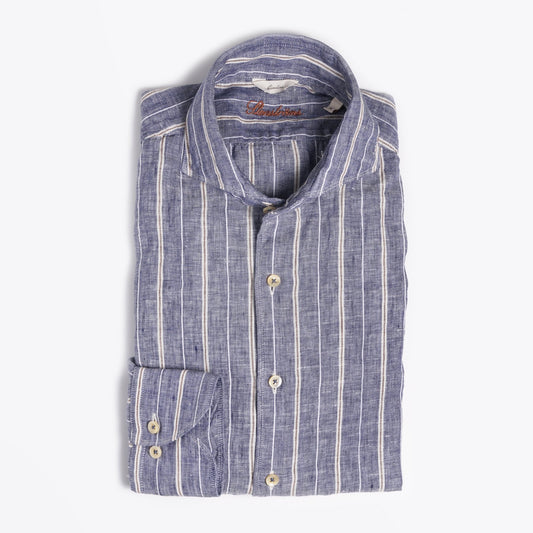 - Slimline Linen Stripe Shirt - Navy/Blue