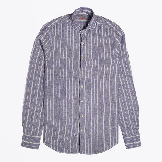 - Slimline Linen Stripe Shirt - Navy/Blue