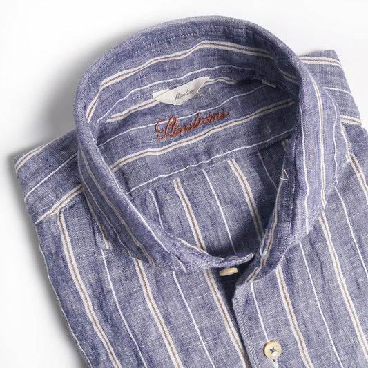 - Slimline Linen Stripe Shirt - Navy/Blue