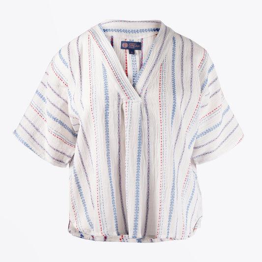 - Cotton Embroidered Stripe Top - White