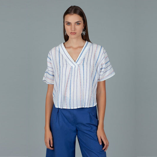 - Cotton Embroidered Stripe Top - White