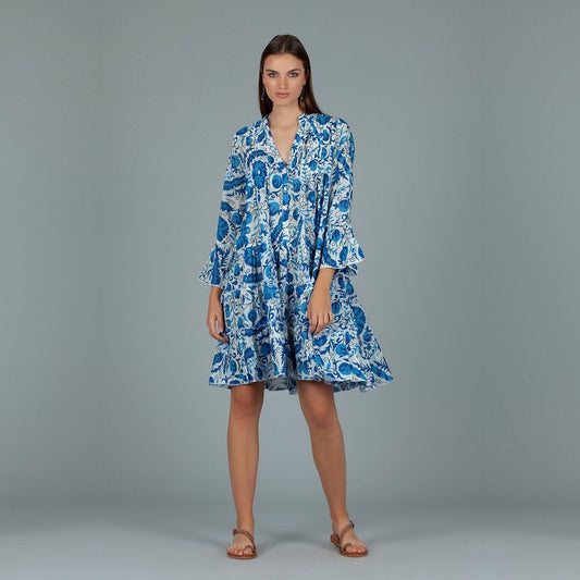 - Cotton Floral Print Dress - Blue/White