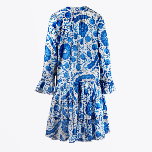 - Cotton Floral Print Dress - Blue/White