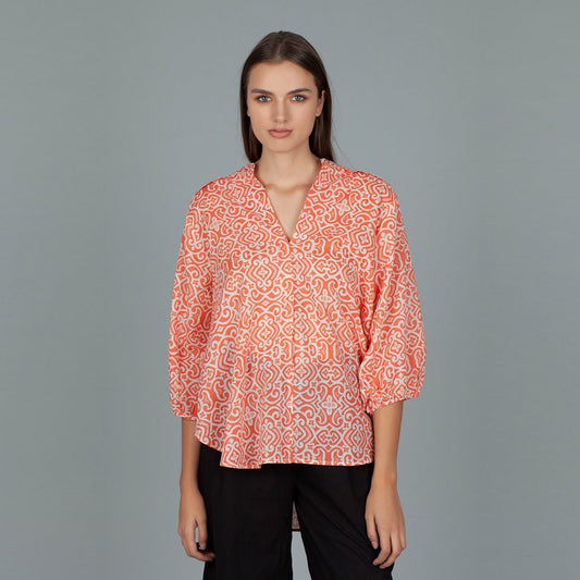 - Cotton Mosaic Print Top - Orange