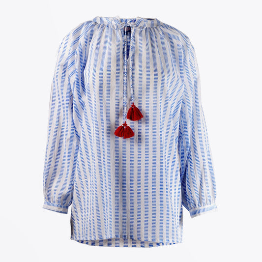 - Cotton Stripe Top With Tassels - Blue/White