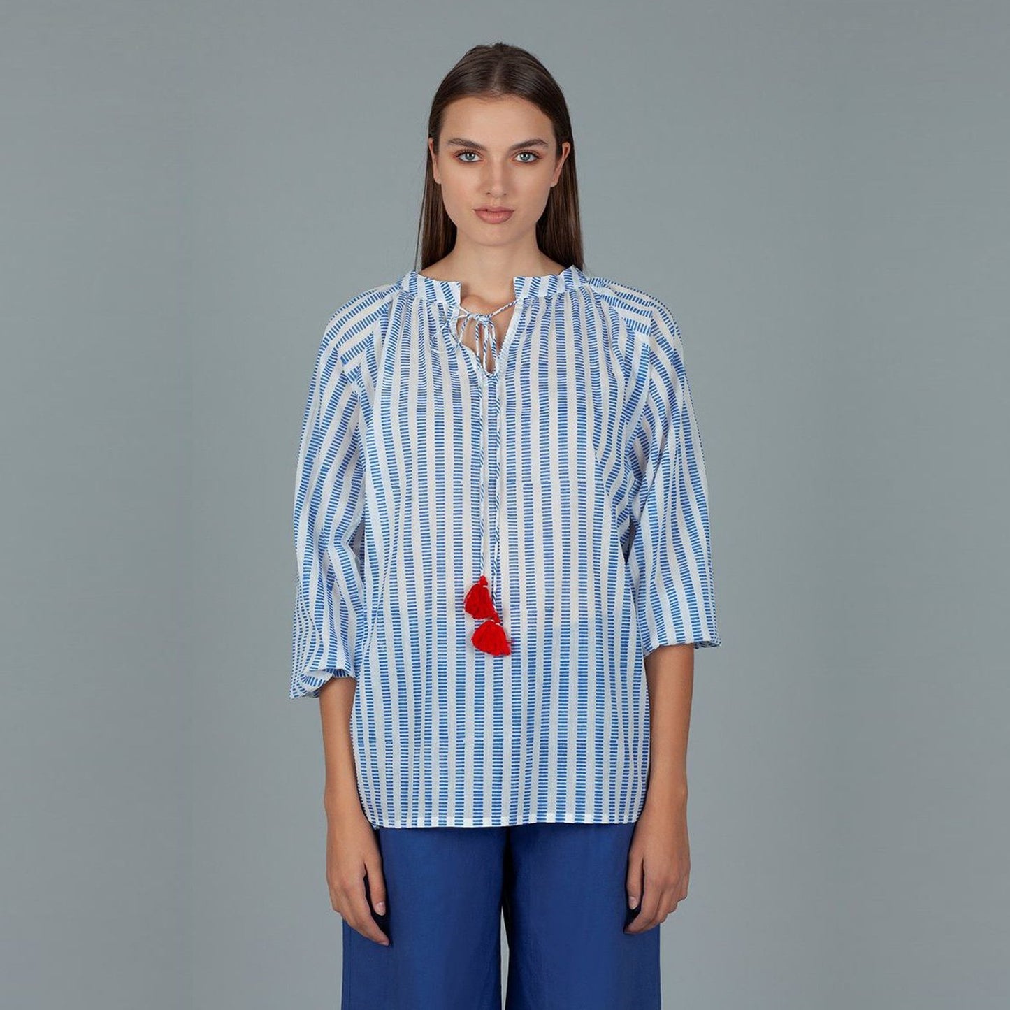 - Cotton Stripe Top With Tassels - Blue/White