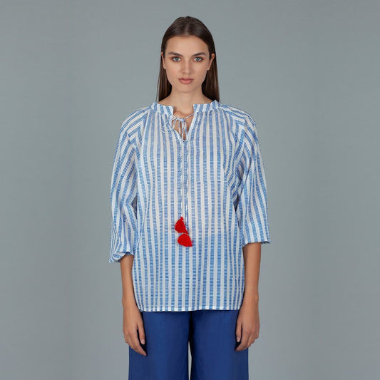 - Cotton Stripe Top With Tassels - Blue/White