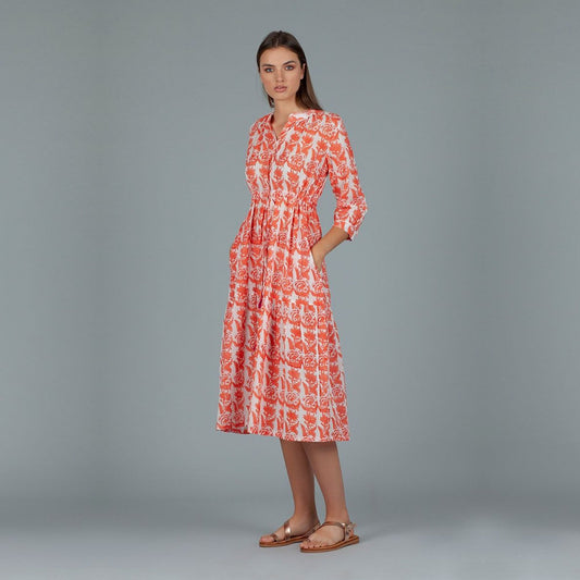 - Printed Belt-Tie Dress - Orange