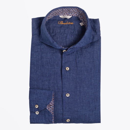 - Slimline Linen Contrast Shirt - Navy/Blue