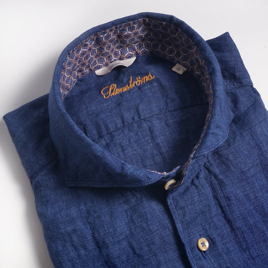 - Slimline Linen Contrast Shirt - Navy/Blue
