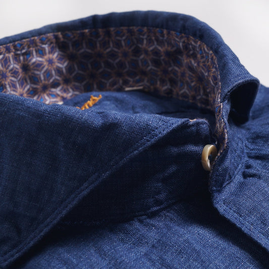 - Slimline Linen Contrast Shirt - Navy/Blue