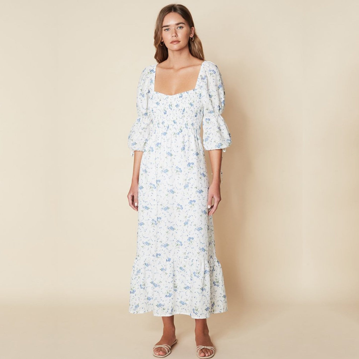 Marita Floral Print Midi Dress - White