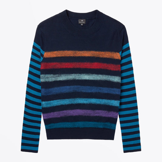 - Striped Sweater With Intarsia Sleeves - Navy/Multi