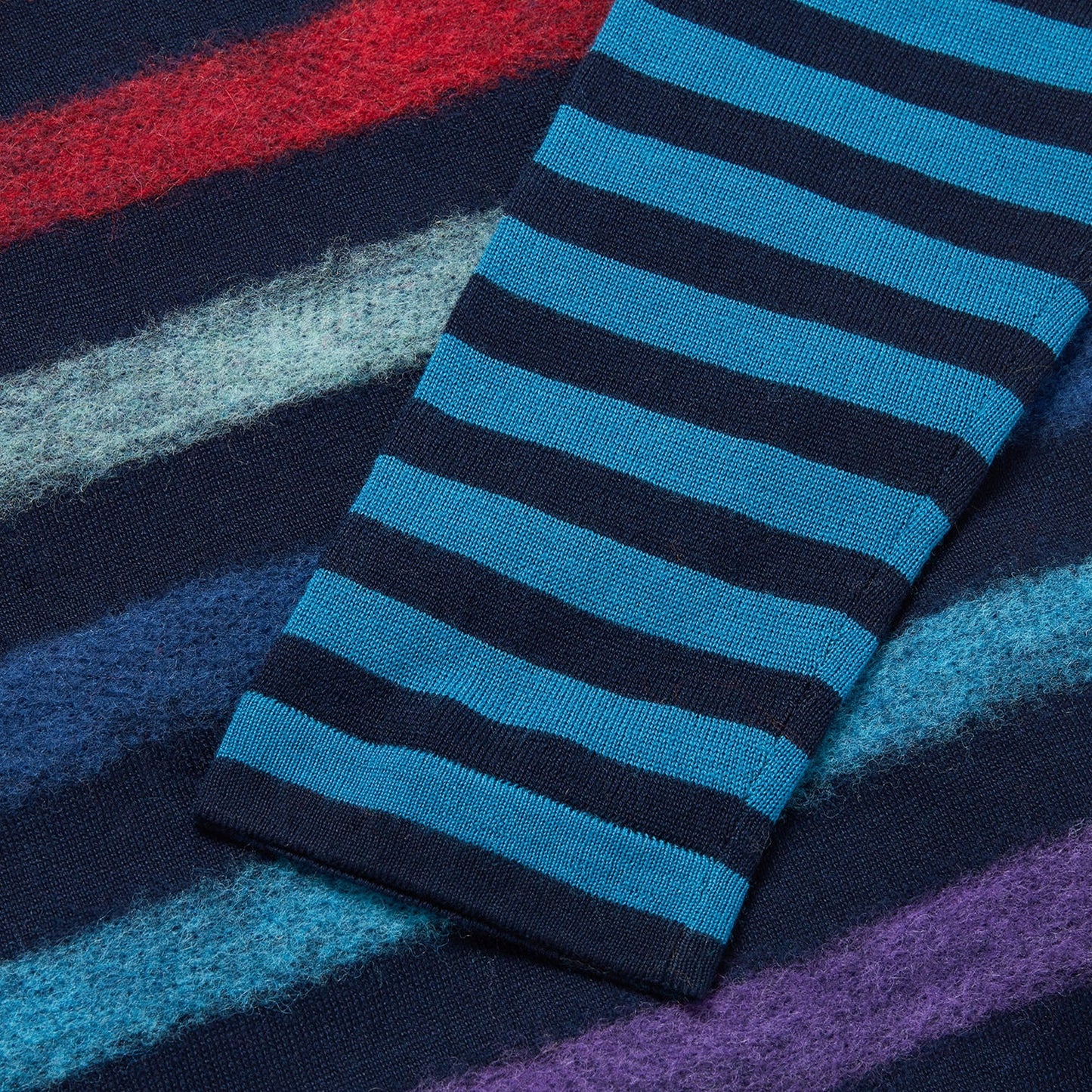 - Striped Sweater With Intarsia Sleeves - Navy/Multi