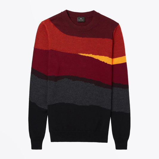 - Abstract Stripe Wool-Cotton Sweater - Red