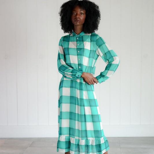 - CheckViscose Midi Dress - Turquoise