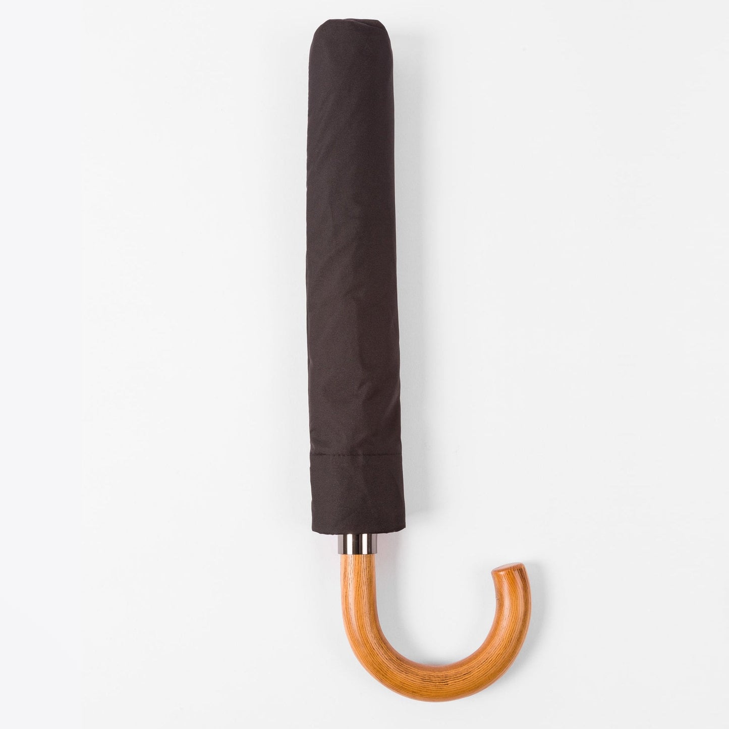 - Signature Stripe Border Compact Umbrella With Crook Wooden Handle - Black