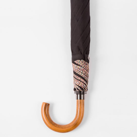 - Signature Stripe Border Compact Umbrella With Crook Wooden Handle - Black