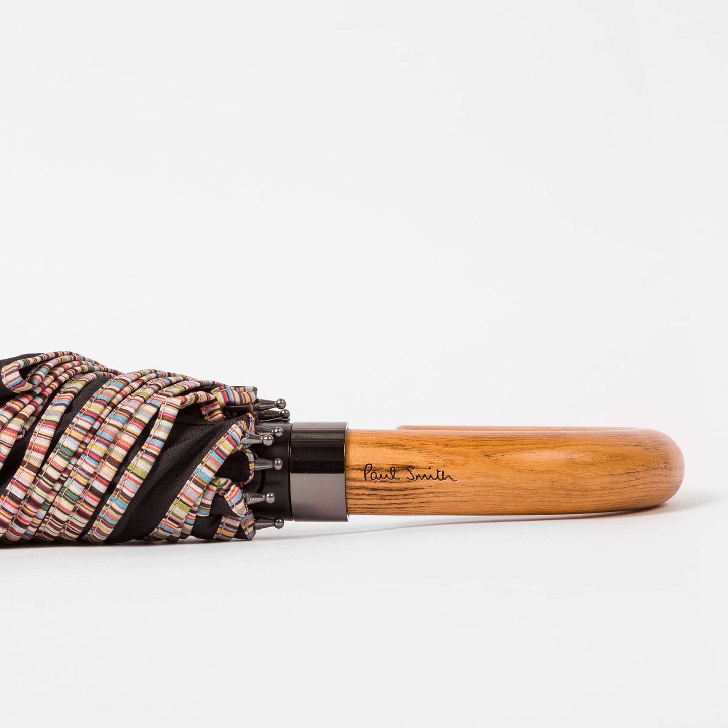 - Signature Stripe Border Compact Umbrella With Crook Wooden Handle - Black