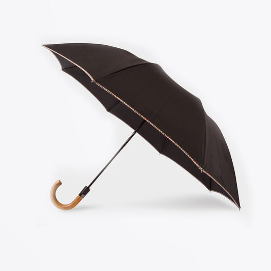 - Signature Stripe Border Compact Umbrella With Crook Wooden Handle - Black