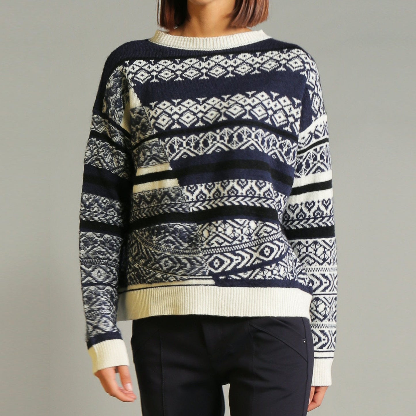 - Expertise - Fair Isle Knit Sweater - Navy/White
