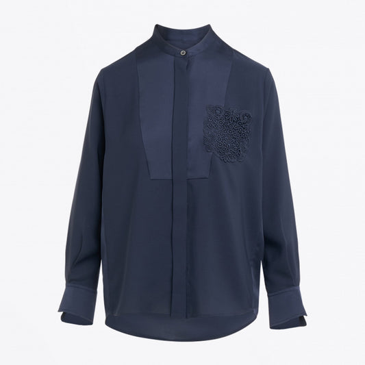 Level Up - Satin Crepe Embroidered Top - Navy