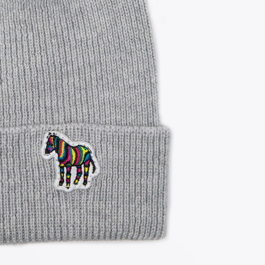- 'Zebra' Logo Ribbed Beanie Hat - Grey