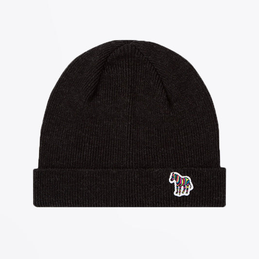 - 'Zebra' Logo Ribbed Beanie Hat - Black