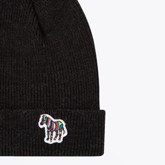 - 'Zebra' Logo Ribbed Beanie Hat - Black