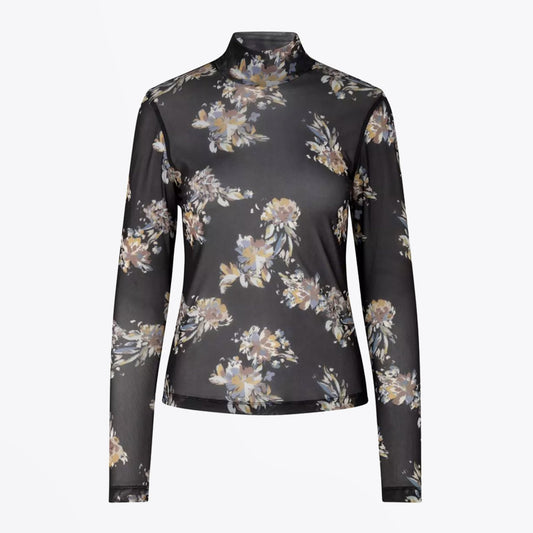 - Anlia - Floral Print Turtleneck Blouse - Black/Multi