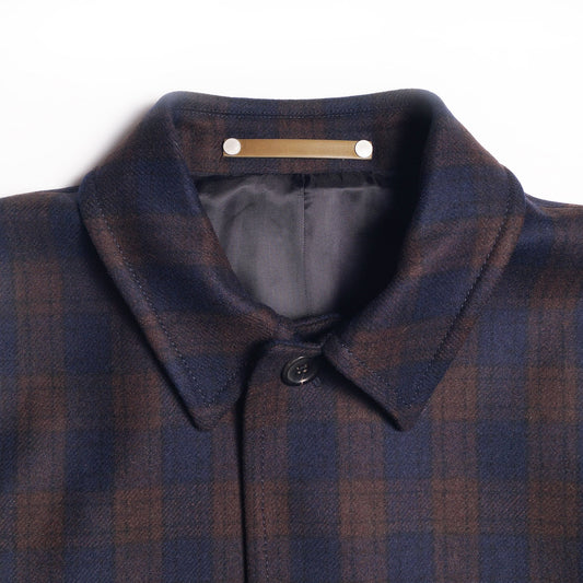- Wool Checked Mac Coat - Navy/Brown