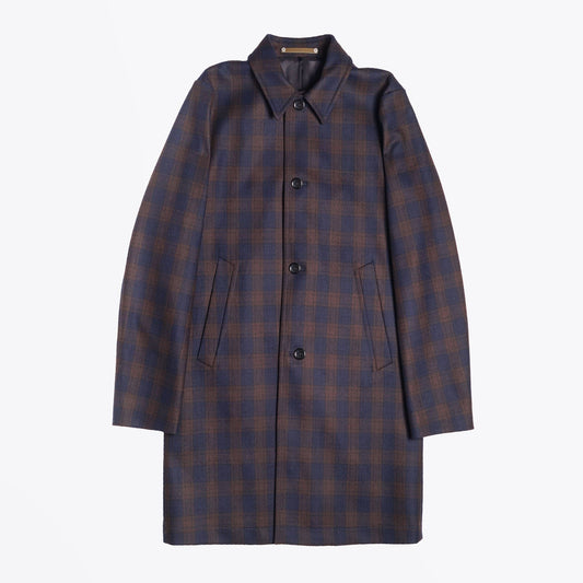 - Wool Checked Mac Coat - Navy/Brown