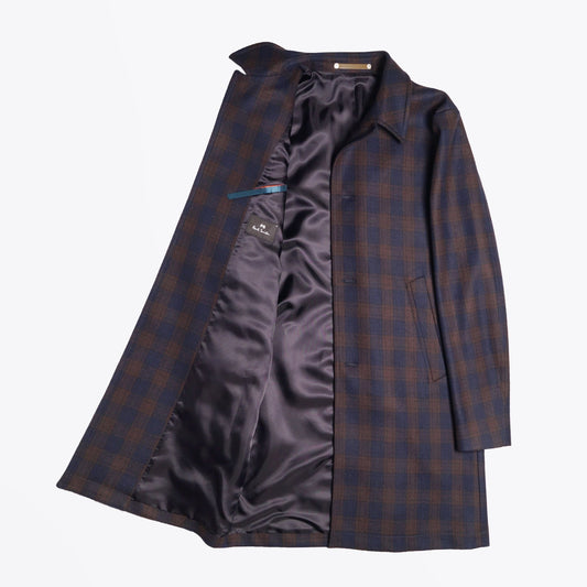 - Wool Checked Mac Coat - Navy/Brown