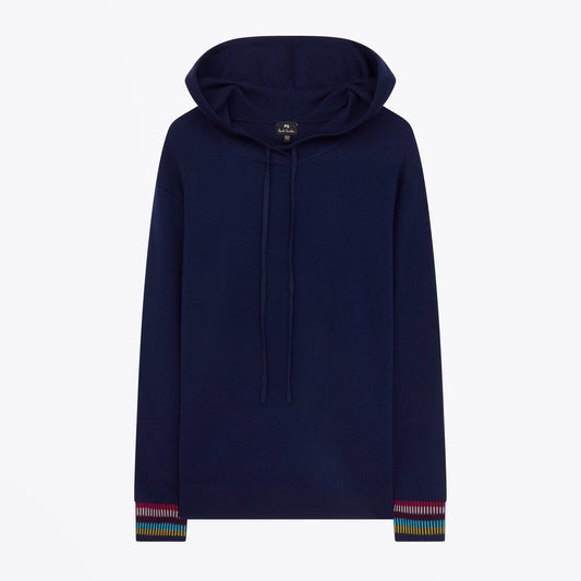 Knitted Hoodie With Striped Cuffs - Navy