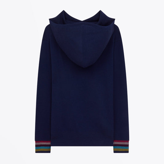 Knitted Hoodie With Striped Cuffs - Navy