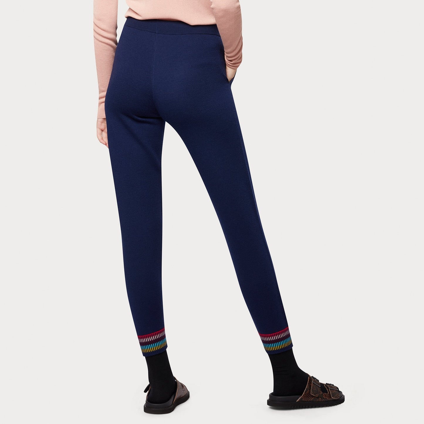 - Knitted Sweatpants With Striped Cuffs - Navy