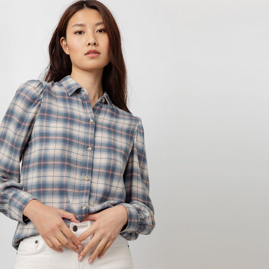 - Angelica - Flannel Plaid Shirt - Blue/Pink