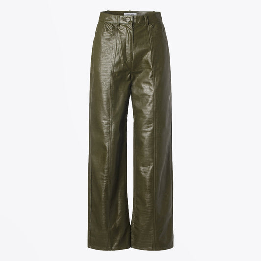 - Novah - Faux Leather Trousers - Olive Green