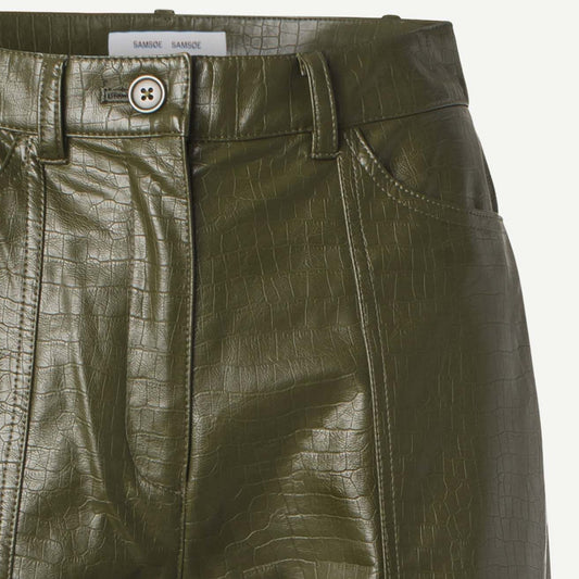 - Novah - Faux Leather Trousers - Olive Green