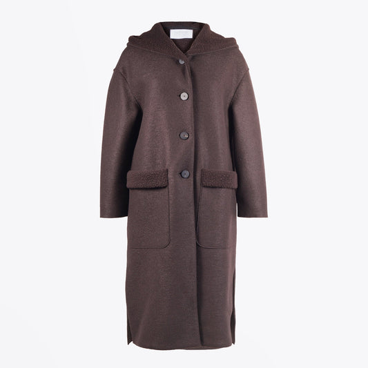 - Oversized Wool Hooded Coat - Dark Brown