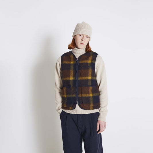 - Plaid Fleece Zip Gilet - Navy/Yellow